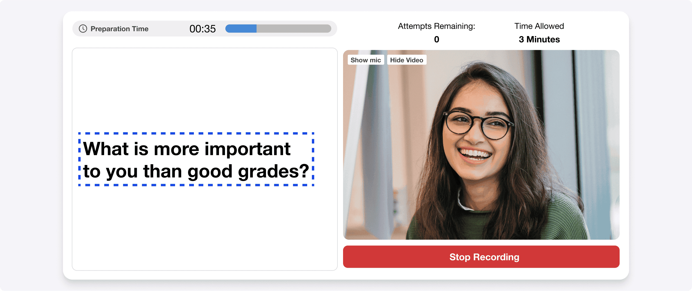 Applicant recording an answer to a video interview question