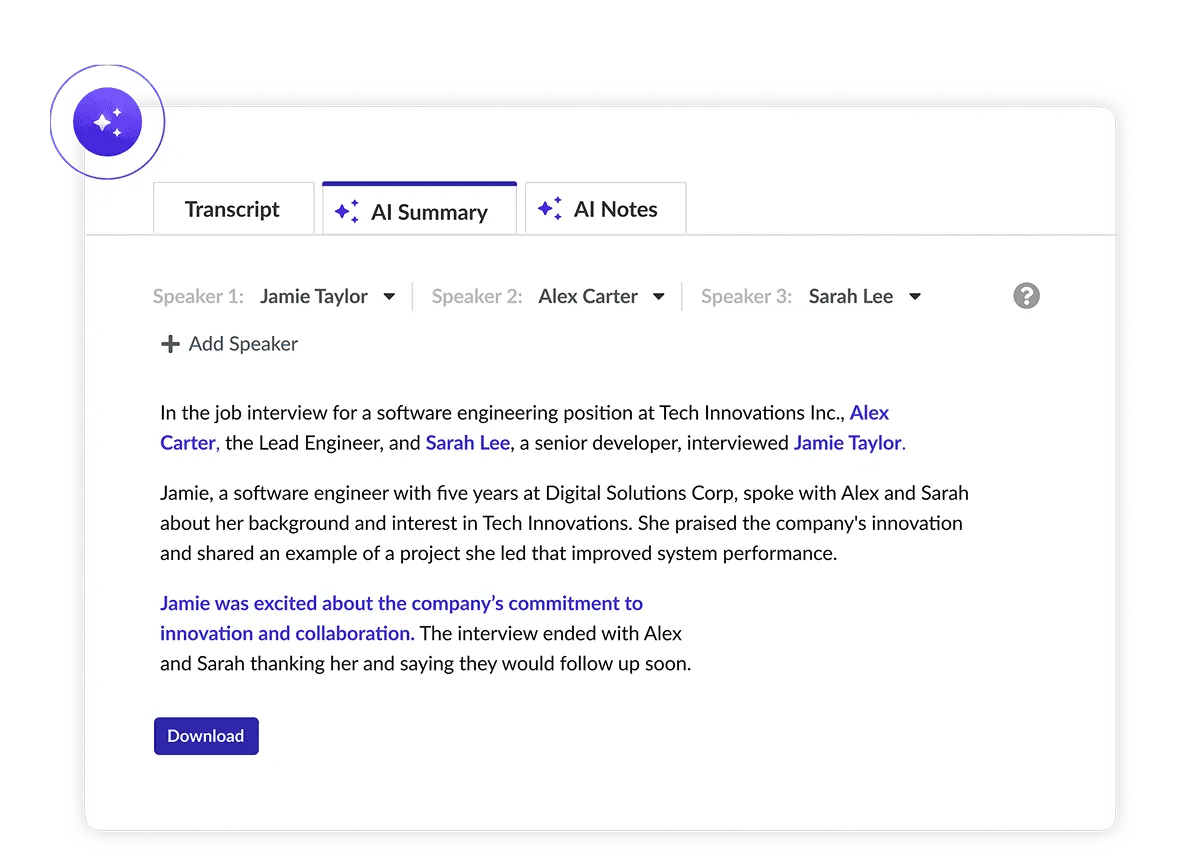 AI-generated interview transcript and summary interface